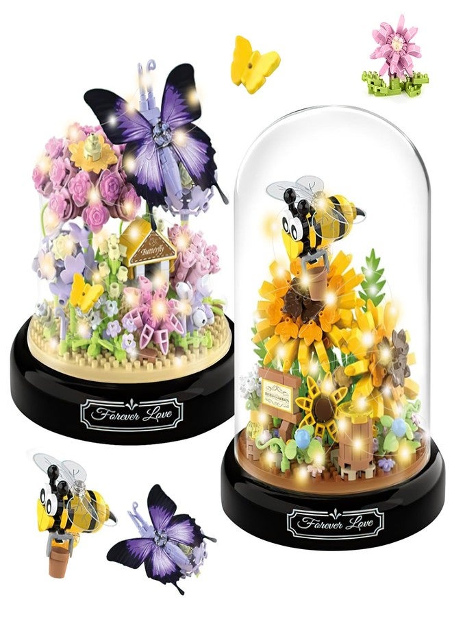 VZZNN 2 Pack Flower Bouquet Building Sets with LED Lighting,Animals Flowers Botanical Collection Mini Building Blocks Set, Valentine's Day for Her Mom Women Wife Girlfriend(Bee,Butterfly) - Image 1